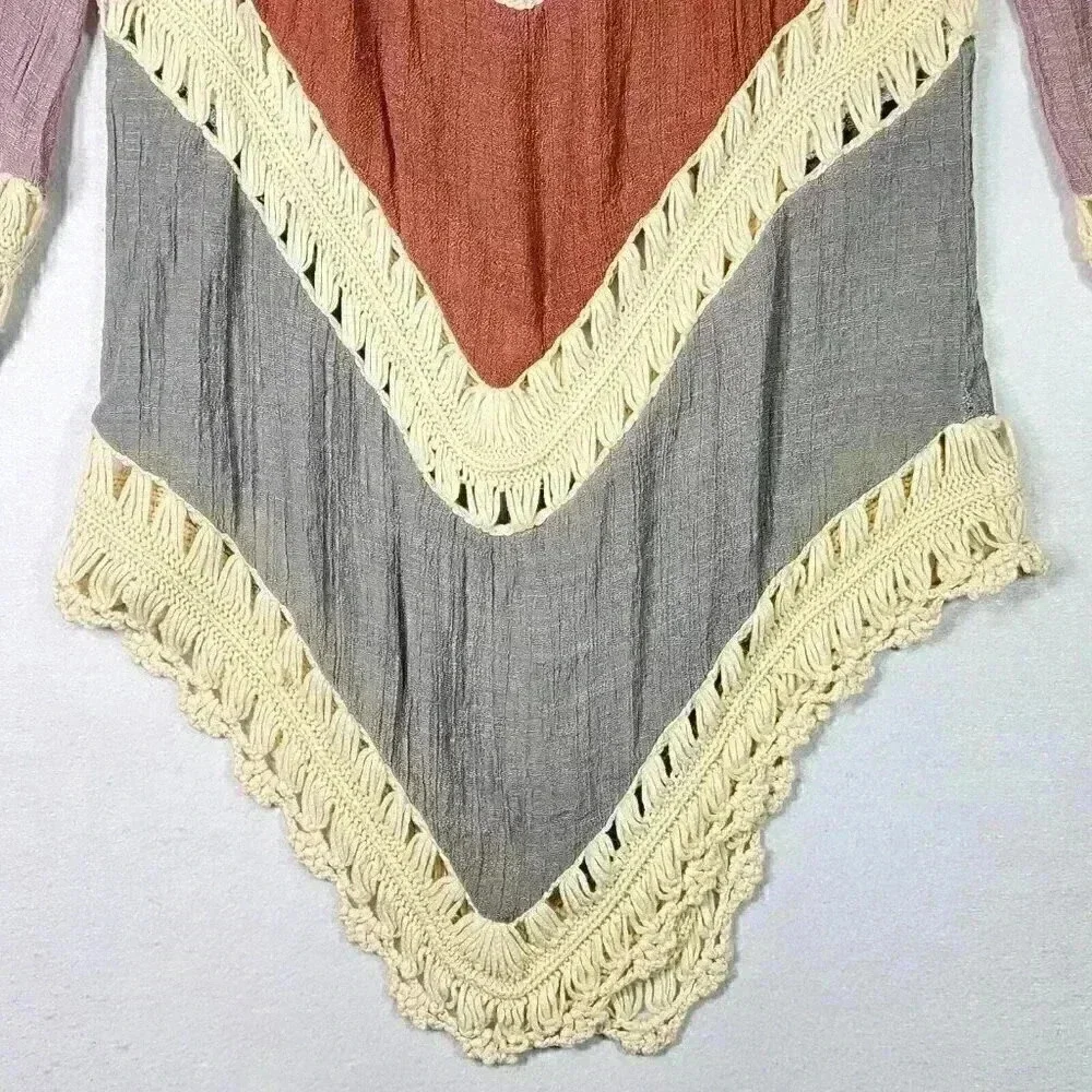 Women's Crochet Crinkle V-Neck Tunic Hippie BOHO Peasant‎ Coverup Earthy Blouse